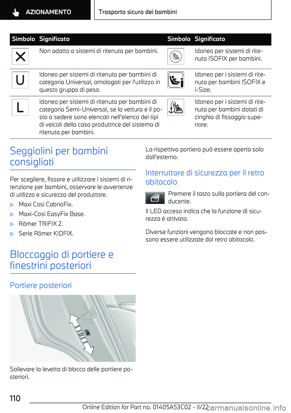 BMW X1 2022  Libretti Di Uso E manutenzione (in Italian) SimboloSignificatoSimboloSignificatoNon adatto a sistemi di ritenuta per bambini.Idoneo per sistemi di rite