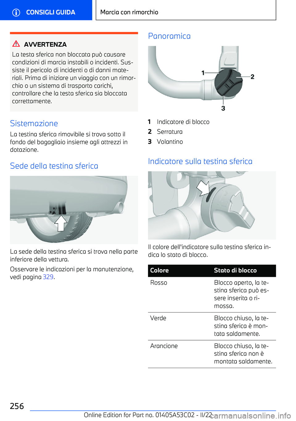 BMW X1 2022 Libretti Di Uso E manutenzione (in Italian) AVVERTENZA
La testa sferica non bloccata pu 0 causare
condizioni di marcia instabili o incidenti. Sus BMW X1 2022 Libretti Di Uso E manutenzione (in Italian) AVVERTENZA
La testa sferica non bloccata pu 0 causare
condizioni di marcia instabili o incidenti. Sus