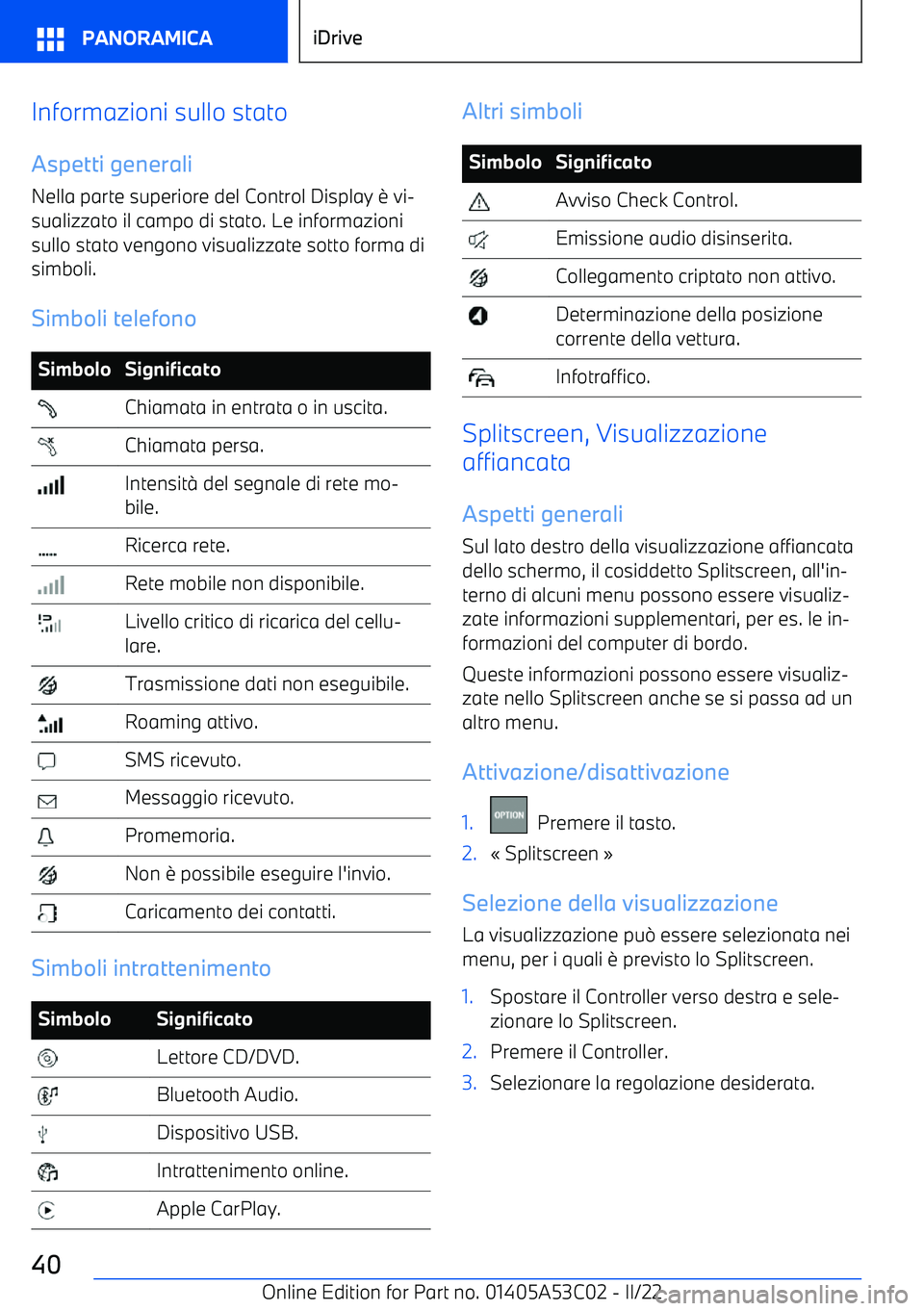 BMW X1 2022  Libretti Di Uso E manutenzione (in Italian) Informazioni sullo statoAspetti generaliNella parte superiore del Control Display 