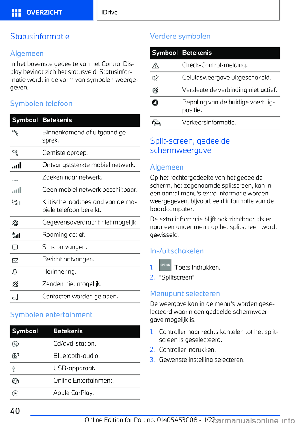 BMW X1 2022 Instructieboekjes (in Dutch) Statusinformatie
Algemeen In het bovenste gedeelte van het Control Dis BMW X1 2022 Instructieboekjes (in Dutch) Statusinformatie
Algemeen In het bovenste gedeelte van het Control Dis