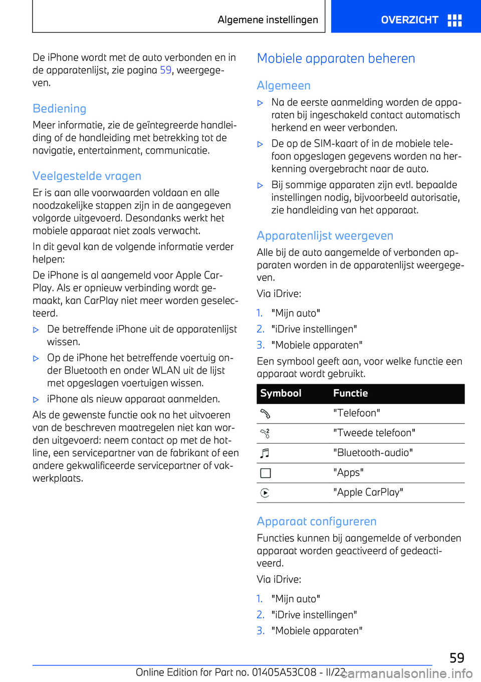 BMW X1 2022 Instructieboekjes (in Dutch) De iPhone wordt met de auto verbonden en inde apparatenlijst, zie pagina 59, weergege BMW X1 2022 Instructieboekjes (in Dutch) De iPhone wordt met de auto verbonden en inde apparatenlijst, zie pagina 59, weergege