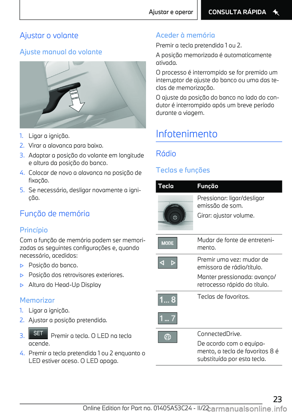 BMW X1 2022  Manual do condutor (in Portuguese) Ajustar o volante
Ajuste manual do volante1.Ligar a igni