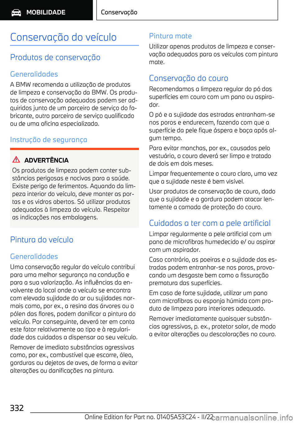 BMW X1 2022  Manual do condutor (in Portuguese) Conserva