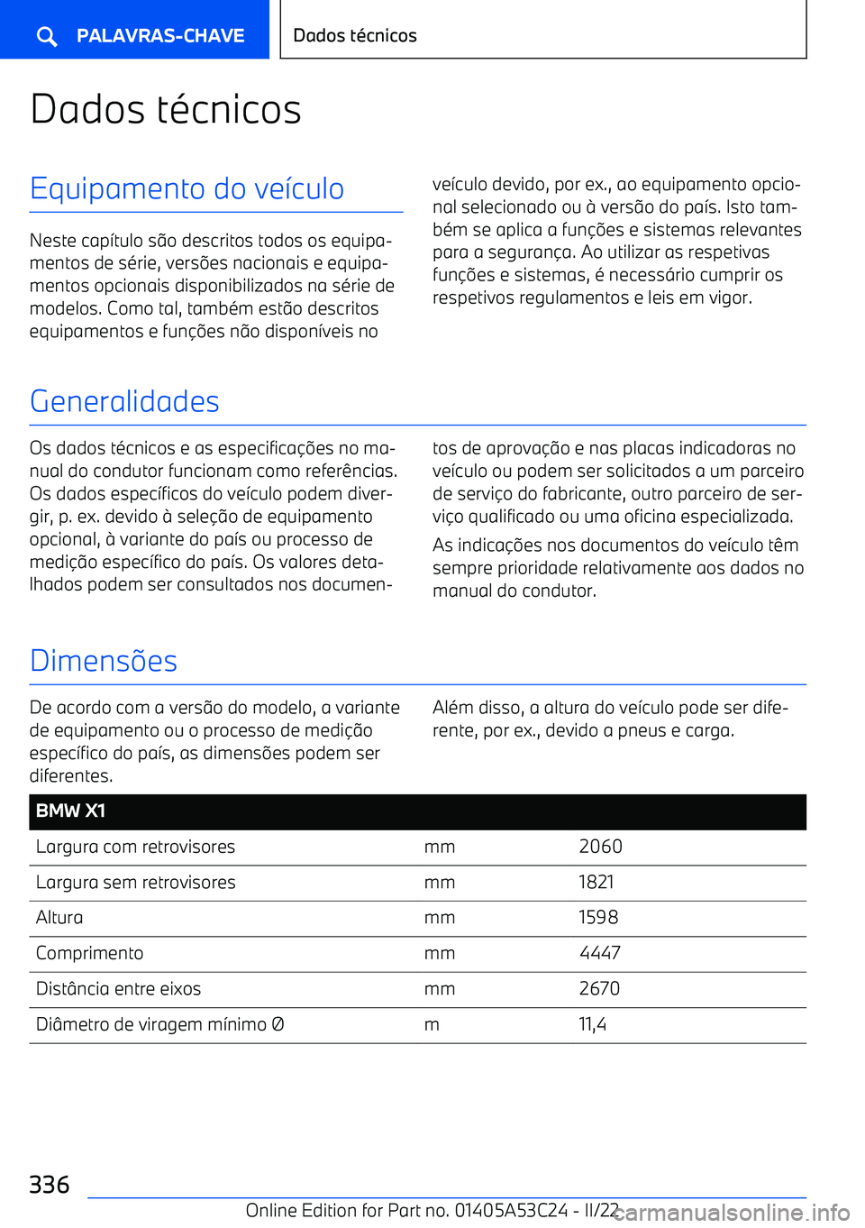 BMW X1 2022  Manual do condutor (in Portuguese) Dados t