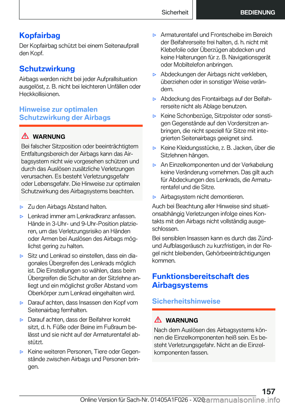 BMW X1 2021  Betriebsanleitungen (in German) �K�o�p�f�a�i�r�b�a�g�D�e�r��K�o�p�f�a�i�r�b�a�g��s�c�h�
