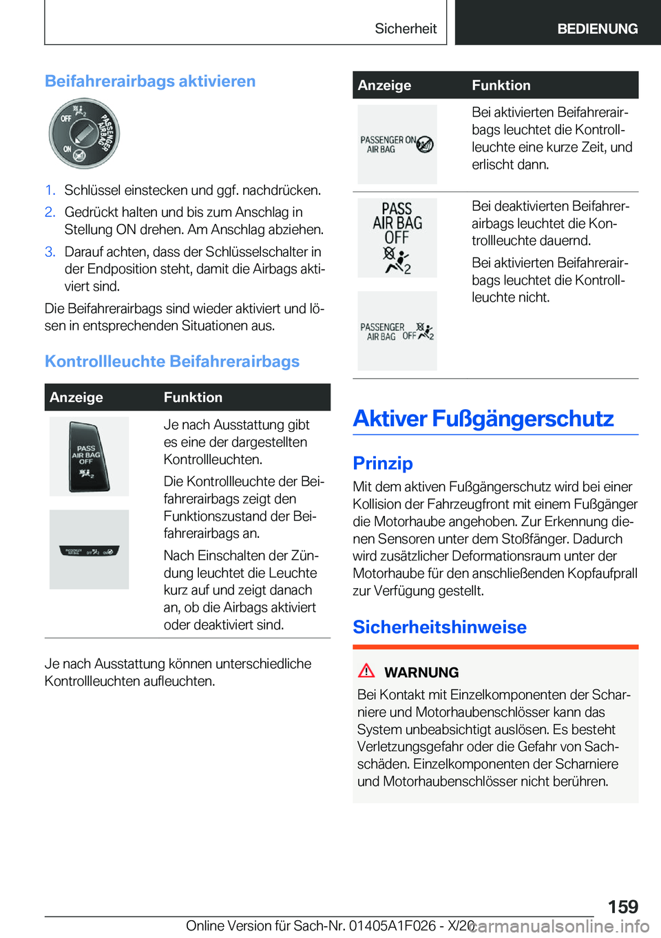 BMW X1 2021  Betriebsanleitungen (in German) �B�e�i�f�a�h�r�e�r�a�i�r�b�a�g�s��a�k�t�i�v�i�e�r�e�n�1�.�S�c�h�l�