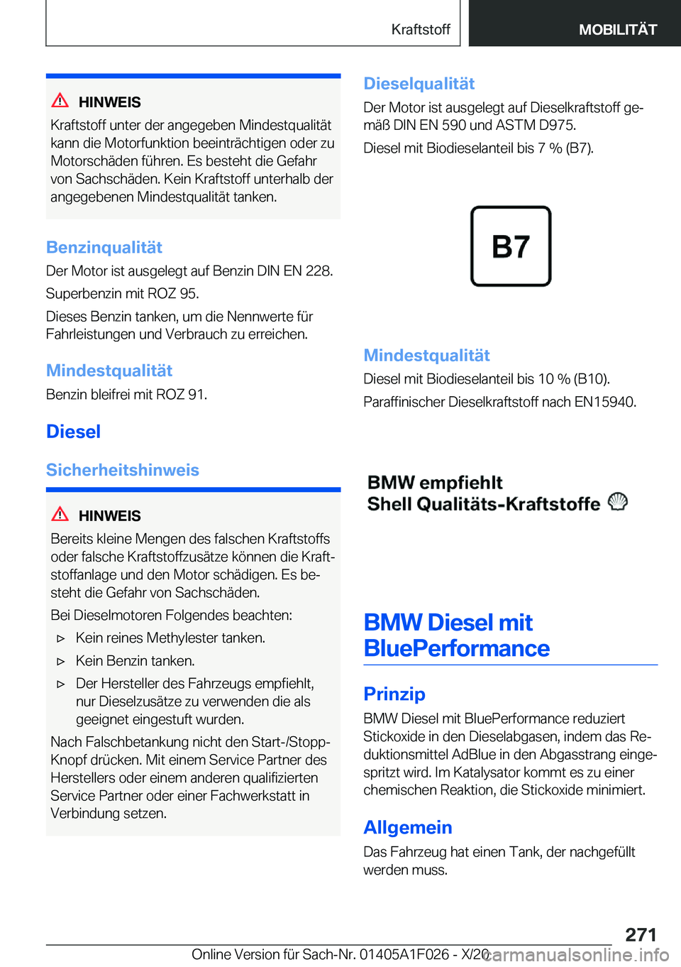 BMW X1 2021  Betriebsanleitungen (in German) �H�I�N�W�E�I�S
�K�r�a�f�t�s�t�o�f�f��u�n�t�e�r��d�e�r��a�n�g�e�g�e�b�e�n��M�i�n�d�e�s�t�q�u�a�l�i�t�