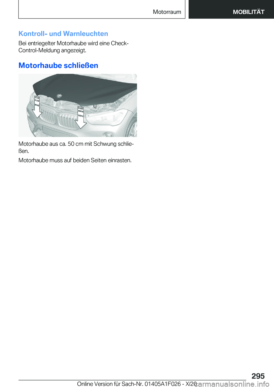 BMW X1 2021  Betriebsanleitungen (in German) �K�o�n�t�r�o�l�l�-��u�n�d��W�a�r�n�l�e�u�c�h�t�e�n
�B�e�i��e�n�t�r�i�e�g�e�l�t�e�r��M�o�t�o�r�h�a�u�b�e��w�i�r�d��e�i�n�e��C�h�e�c�k�-
�C�o�n�t�r�o�l�-�M�e�l�d�u�n�g��a�n�g�e�z�e�i�g�t�.
�M�o�