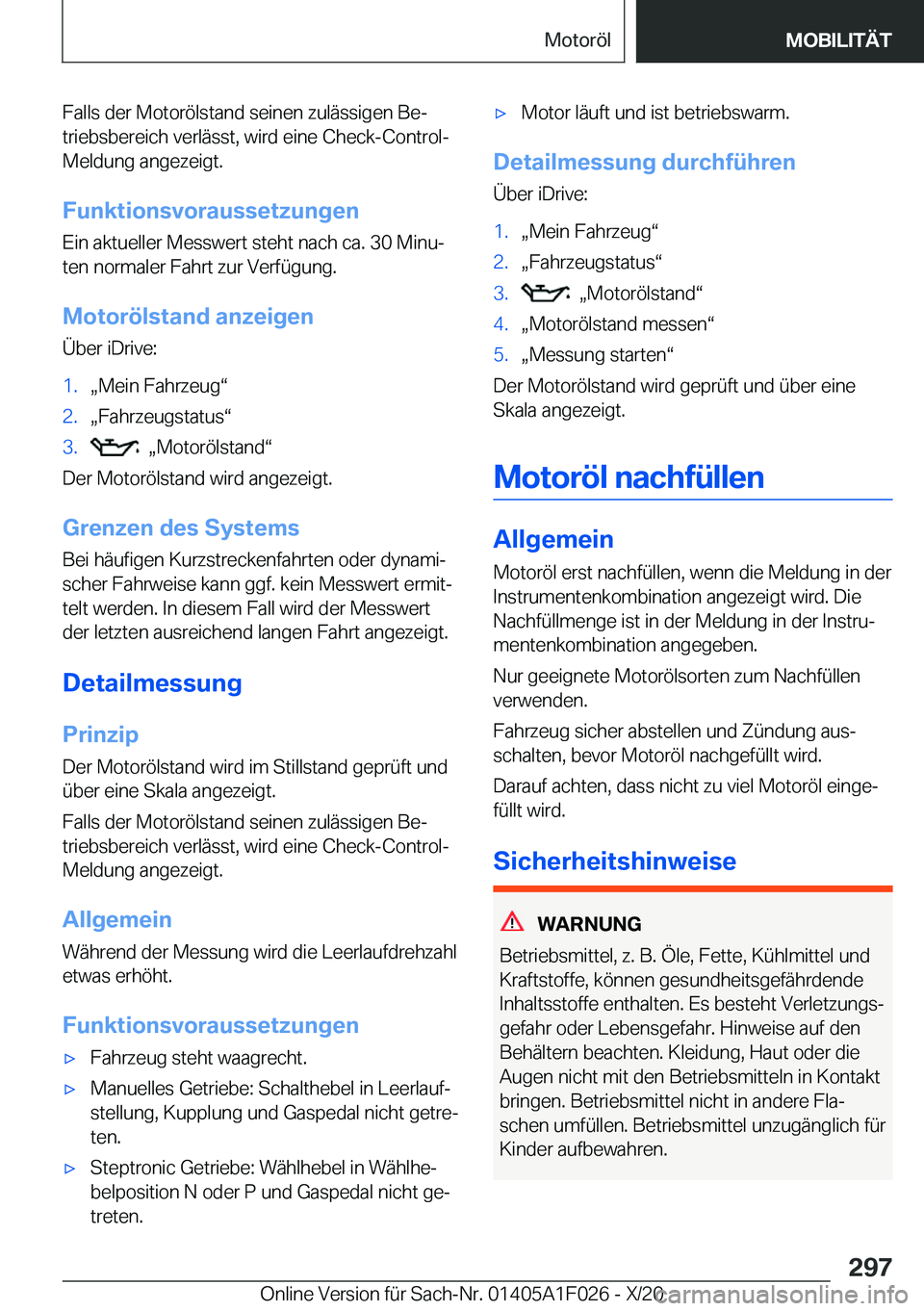 BMW X1 2021  Betriebsanleitungen (in German) �F�a�l�l�s��d�e�r��M�o�t�o�r�