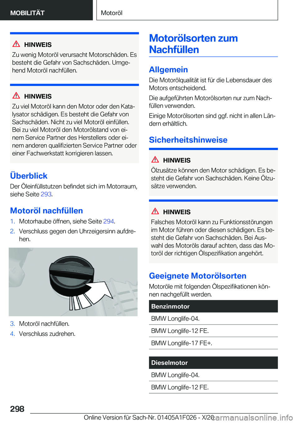 BMW X1 2021  Betriebsanleitungen (in German) �H�I�N�W�E�I�S
�Z�u��w�e�n�i�g��M�o�t�o�r�