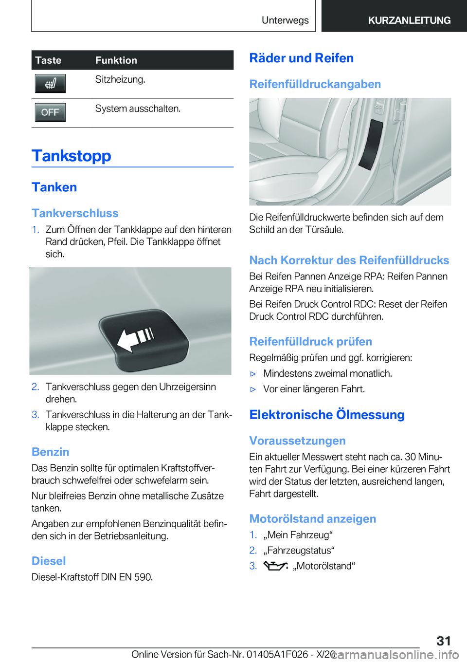 BMW X1 2021  Betriebsanleitungen (in German) �T�a�s�t�e�F�u�n�k�t�i�o�n�S�i�t�z�h�e�i�z�u�n�g�.�S�y�s�t�e�m��a�u�s�s�c�h�a�l�t�e�n�.
�T�a�n�k�s�t�o�p�p
�T�a�n�k�e�n�T�a�n�k�v�e�r�s�c�h�l�u�s�s
�1�.�Z�u�m��