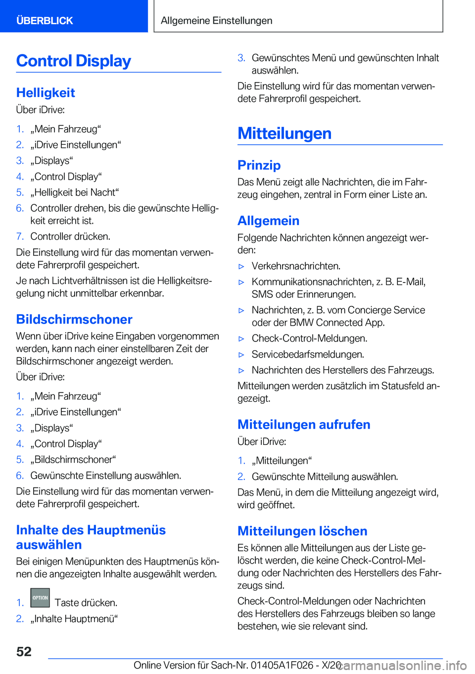 BMW X1 2021  Betriebsanleitungen (in German) �C�o�n�t�r�o�l��D�i�s�p�l�a�y
�H�e�l�l�i�g�k�e�i�t
�