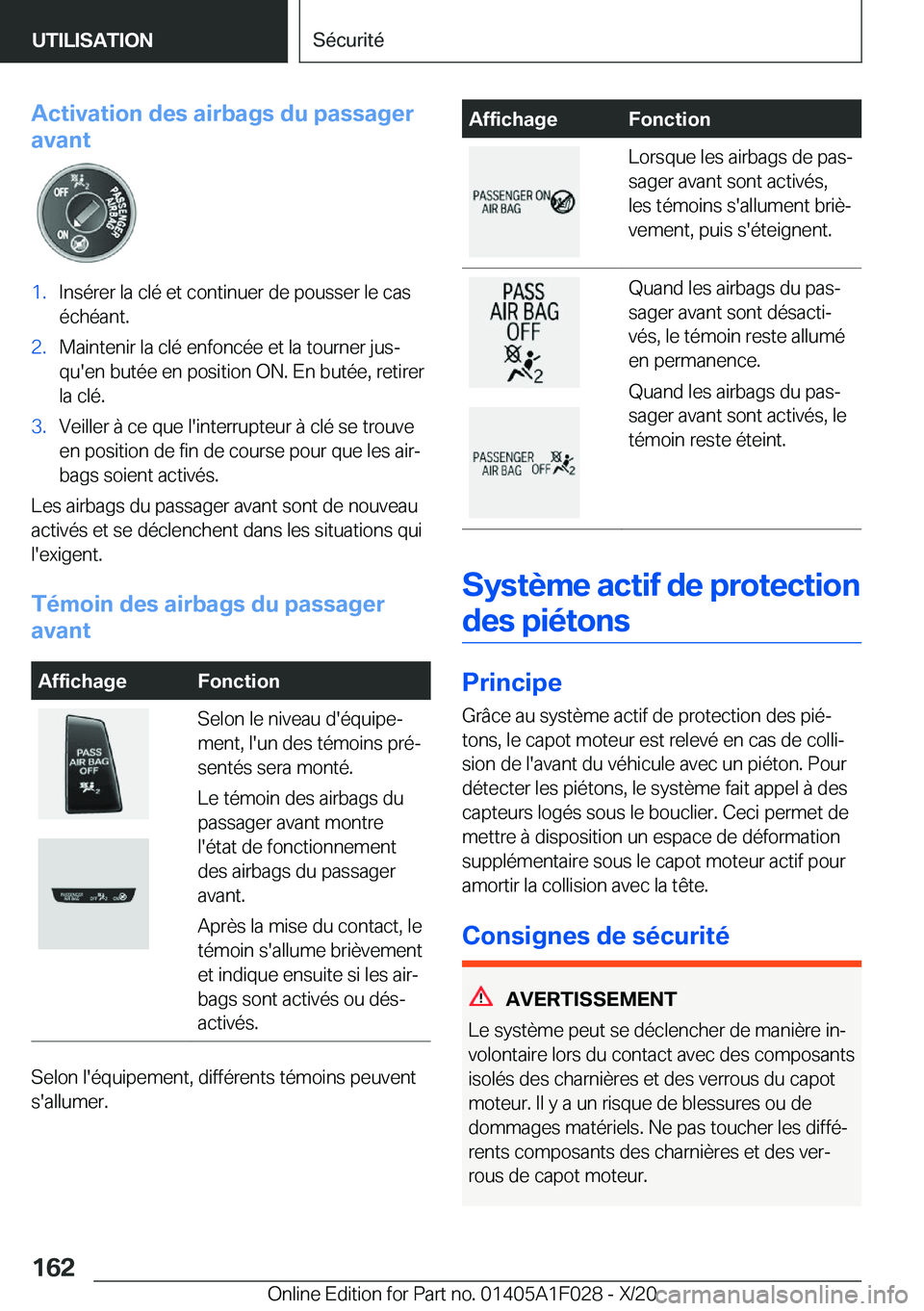 BMW X1 2021  Notices Demploi (in French) �A�c�t�i�v�a�t�i�o�n��d�e�s��a�i�r�b�a�g�s��d�u��p�a�s�s�a�g�e�r
�a�v�a�n�t�1�.�I�n�s�é�r�e�r��l�a��c�l�é��e�t��c�o�n�t�i�n�u�e�r��d�e��p�o�u�s�s�e�r��l�e��c�a�s �é�c�h�é�a�n�t�.�2�.�M