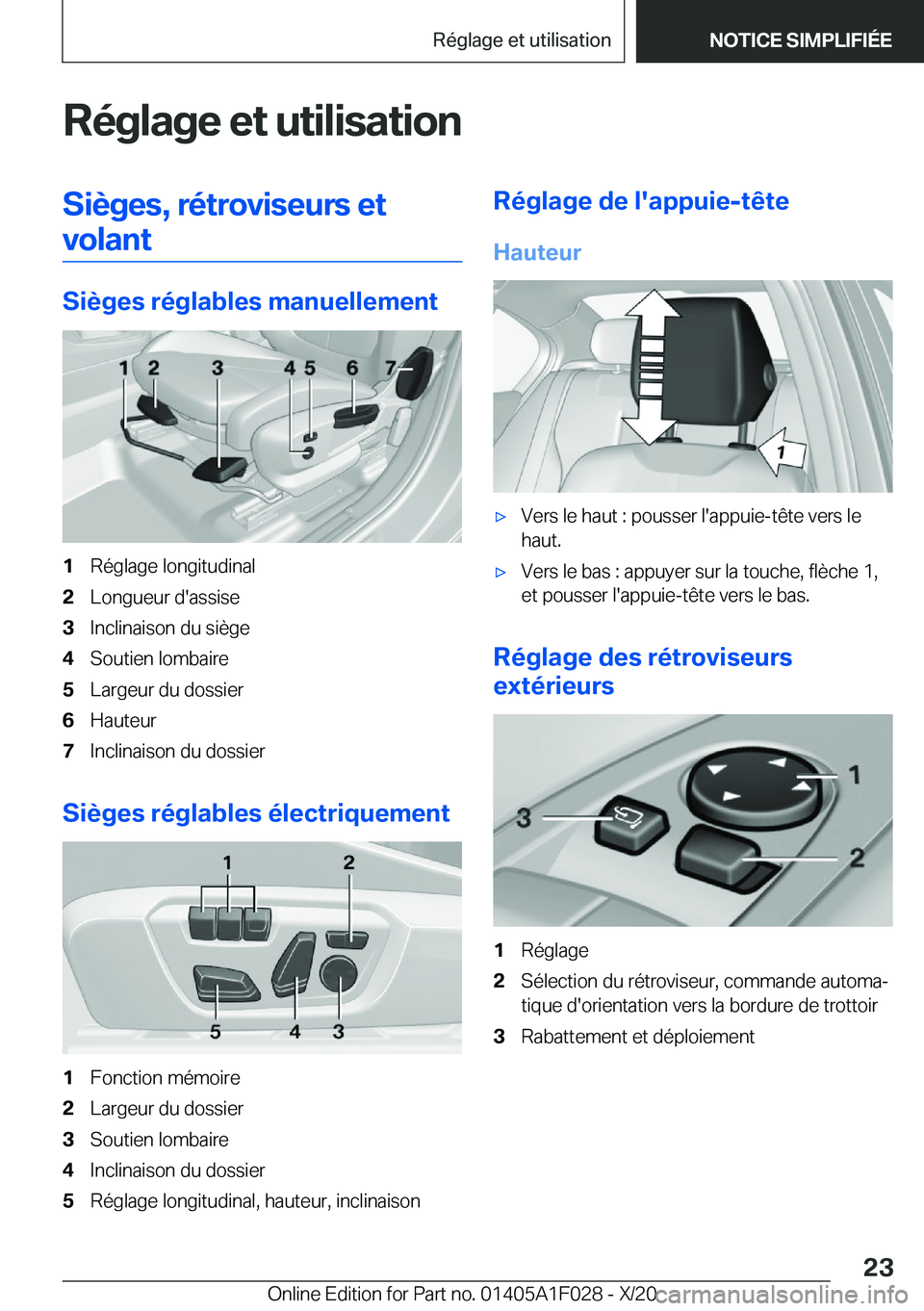 BMW X1 2021  Notices Demploi (in French) �R�é�g�l�a�g�e��e�t��u�t�i�l�i�s�a�t�i�o�n�S�i�è�g�e�s�,��r�é�t�r�o�v�i�s�e�u�r�s��e�t�v�o�l�a�n�t
�S�i�è�g�e�s��r�é�g�l�a�b�l�e�s��m�a�n�u�e�l�l�e�m�e�n�t
�1�R�é�g�l�a�g�e��l�o�n�g�i�t�u