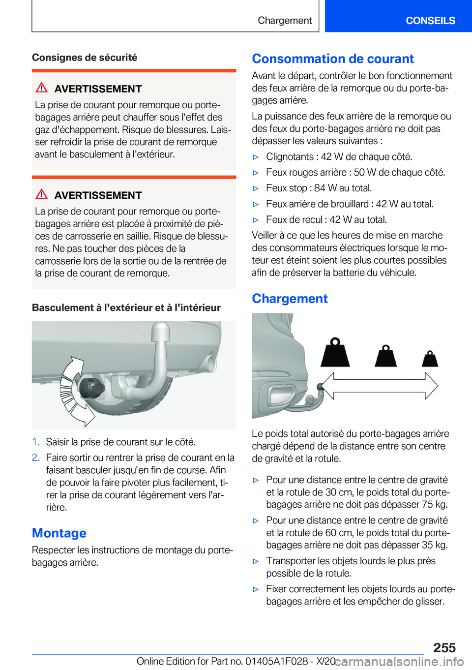 BMW X1 2021  Notices Demploi (in French) �C�o�n�s�i�g�n�e�s��d�e��s�é�c�u�r�i�t�é
�A�V�E�R�T�I�S�S�E�M�E�N�T
�L�a��p�r�i�s�e��d�e��c�o�u�r�a�n�t��p�o�u�r��r�e�m�o�r�q�u�e��o�u��p�o�r�t�e�-
�b�a�g�a�g�e�s��a�r�r�i�è�r�e��p�e�u�t