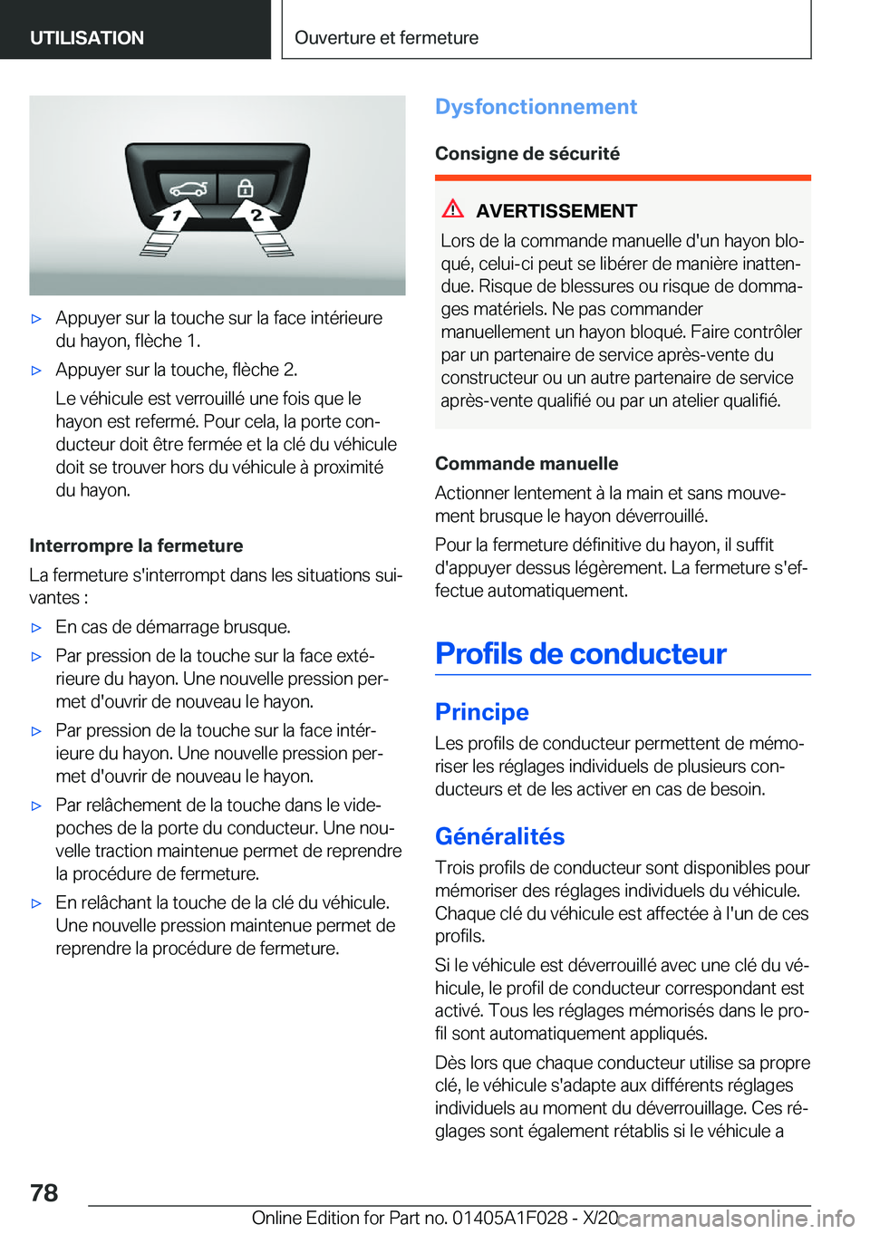 BMW X1 2021  Notices Demploi (in French) 'x�A�p�p�u�y�e�r��s�u�r��l�a��t�o�u�c�h�e��s�u�r��l�a��f�a�c�e��i�n�t�é�r�i�e�u�r�e
�d�u��h�a�y�o�n�,��f�l�è�c�h�e��1�.'x�A�p�p�u�y�e�r��s�u�r��l�a��t�o�u�c�h�e�,��f�l�è�c�h�e
