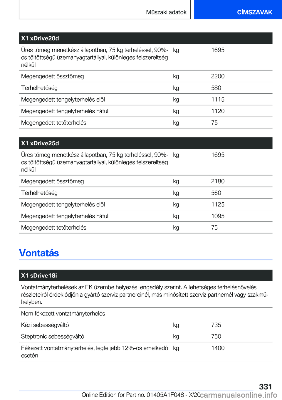 BMW X1 2021  Kezelési útmutató (in Hungarian) �X�1��x�D�r�i�v�e�2�0�d�