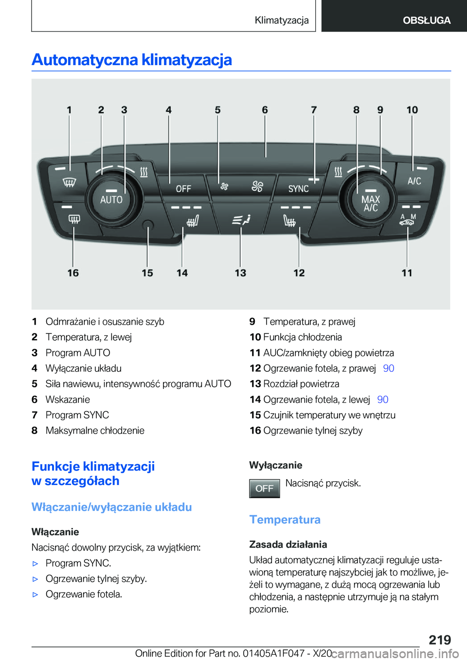 BMW X1 2021  Instrukcja obsługi (in Polish) �A�u�t�o�m�a�t�y�c�z�n�a��k�l�i�m�a�t�y�z�a�c�j�a�1�O�d�m�r�a9�a�n�i�e��i��o�s�u�s�z�a�n�i�e��s�z�y�b�2�T�e�m�p�e�r�a�t�u�r�a�,��z��l�e�w�e�j�3�P�r�o�g�r�a�m��A�U�T�O�4�W�y�ł�