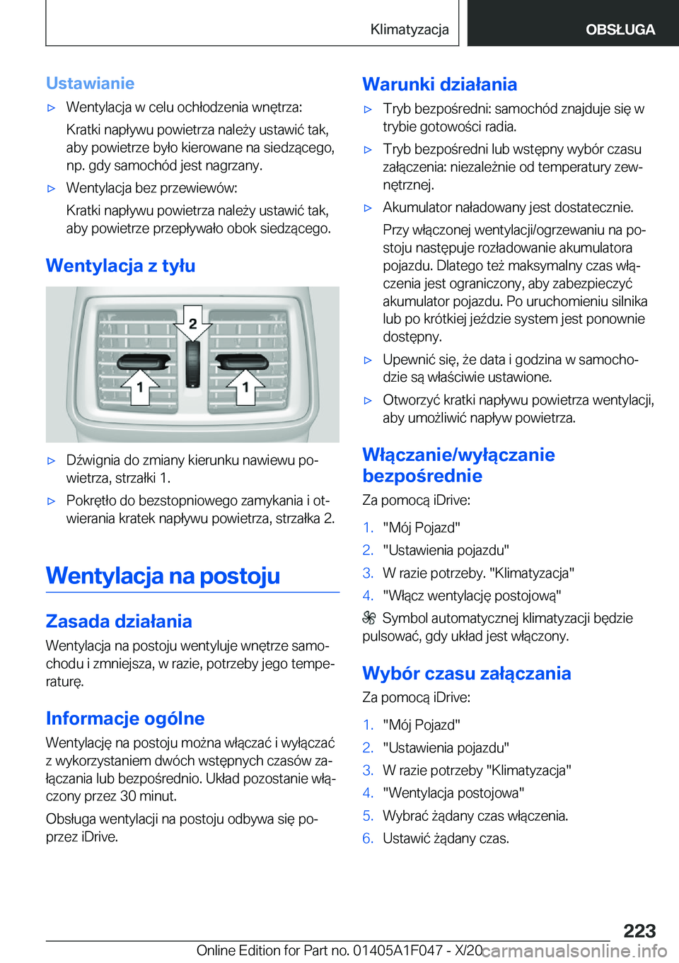 BMW X1 2021  Instrukcja obsługi (in Polish) �U�s�t�a�w�i�a�n�i�e'x�W�e�n�t�y�l�a�c�j�a��w��c�e�l�u��o�c�h�ł�o�d�z�e�n�i�a��w�n�