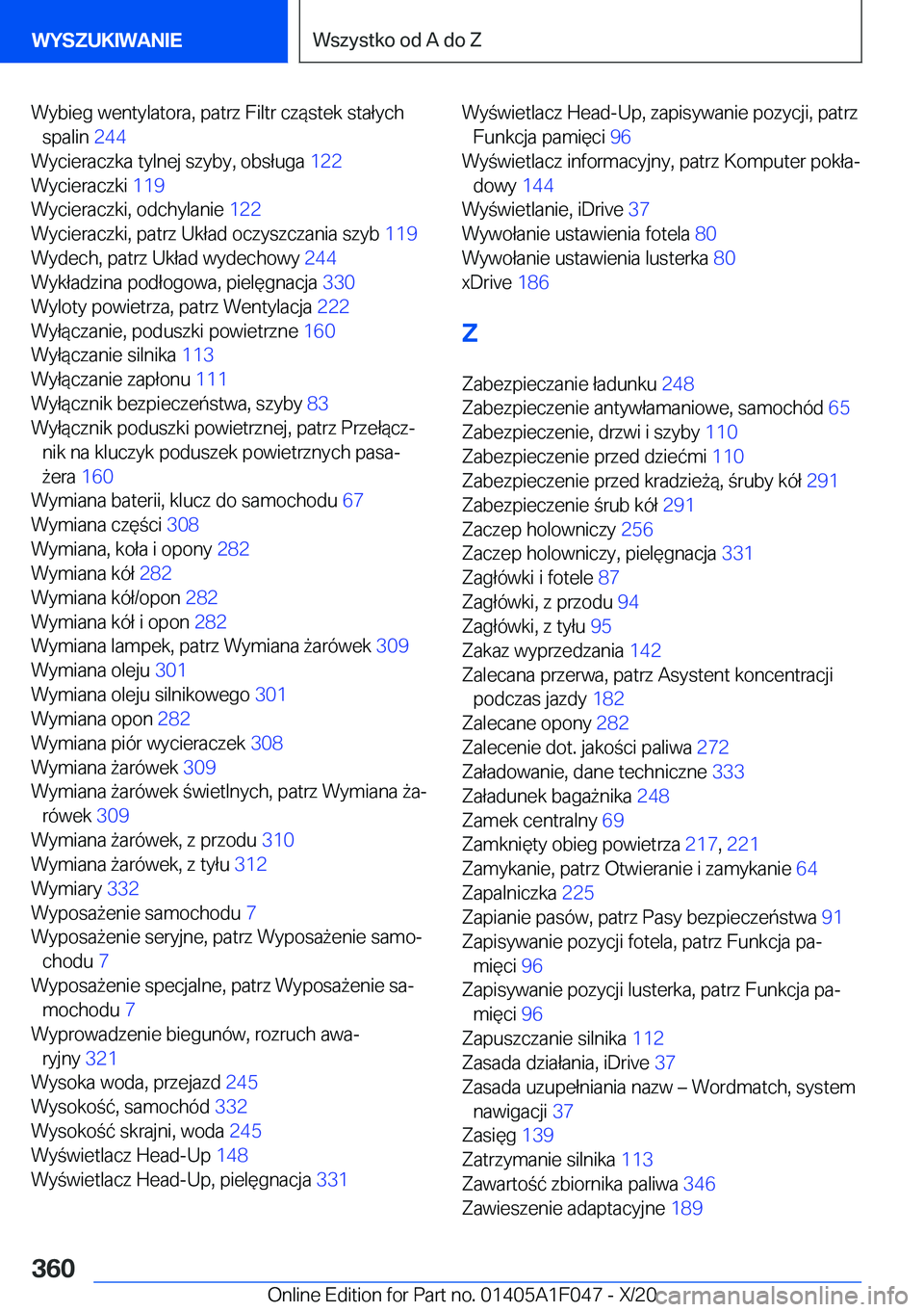 BMW X1 2021  Instrukcja obsługi (in Polish) �W�y�b�i�e�g��w�e�n�t�y�l�a�t�o�r�a�,��p�a�t�r�z��F�i�l�t�r��c�z�
