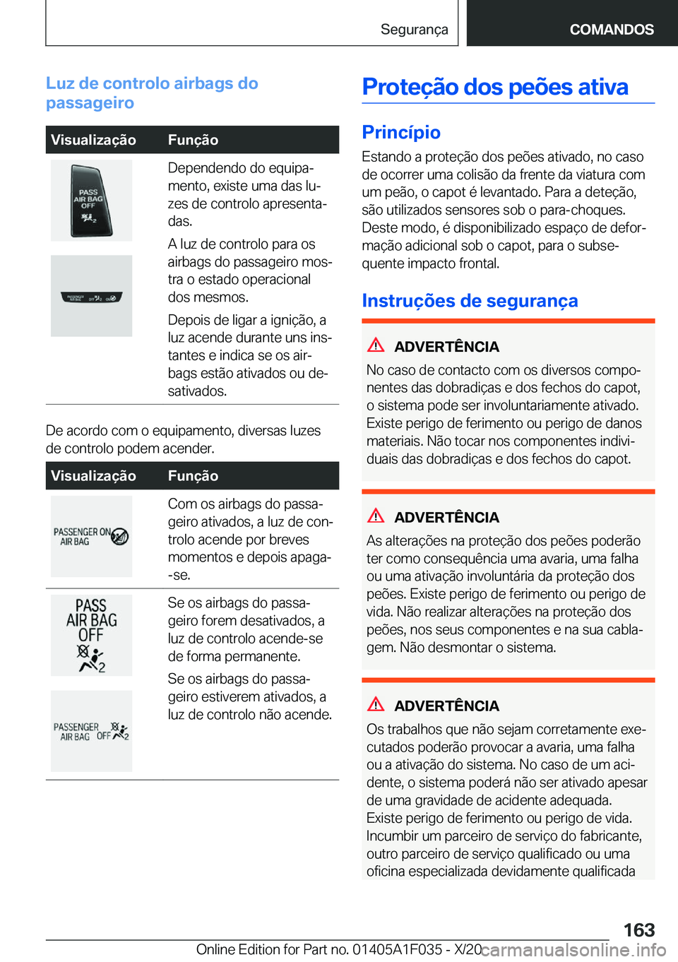 BMW X1 2021  Manual do condutor (in Portuguese) �L�u�z��d�e��c�o�n�t�r�o�l�o��a�i�r�b�a�g�s��d�o
�p�a�s�s�a�g�e�i�r�o�V�i�s�u�a�l�i�z�a�