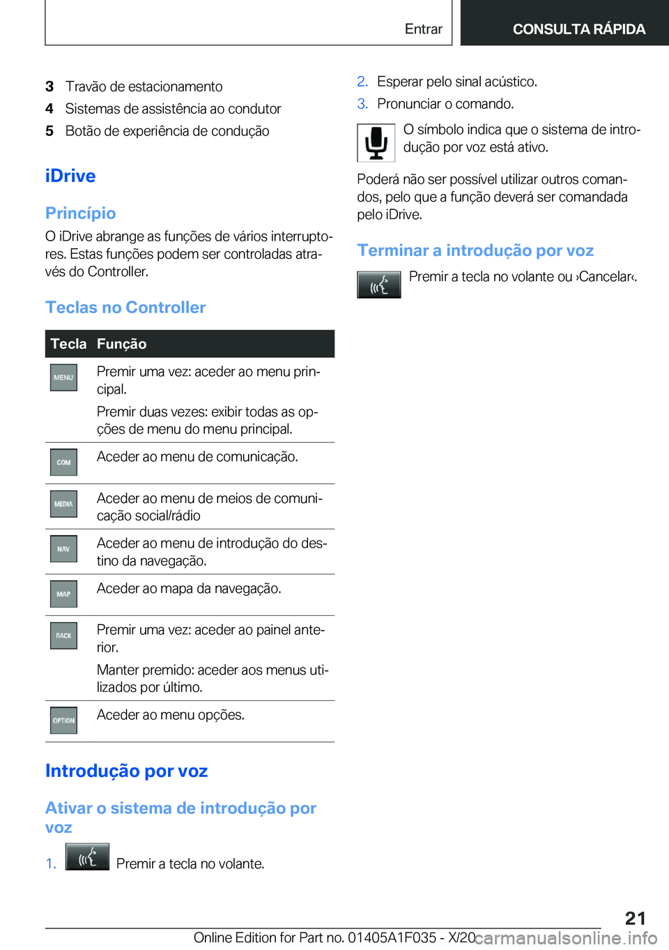 BMW X1 2021  Manual do condutor (in Portuguese) �3�T�r�a�v�ã�o��d�e��e�s�t�a�c�i�o�n�a�m�e�n�t�o�4�S�i�s�t�e�m�a�s��d�e��a�s�s�i�s�t�ê�n�c�i�a��a�o��c�o�n�d�u�t�o�r�5�B�o�t�ã�o��d�e��e�x�p�e�r�i�ê�n�c�i�a��d�e��c�o�n�d�u�