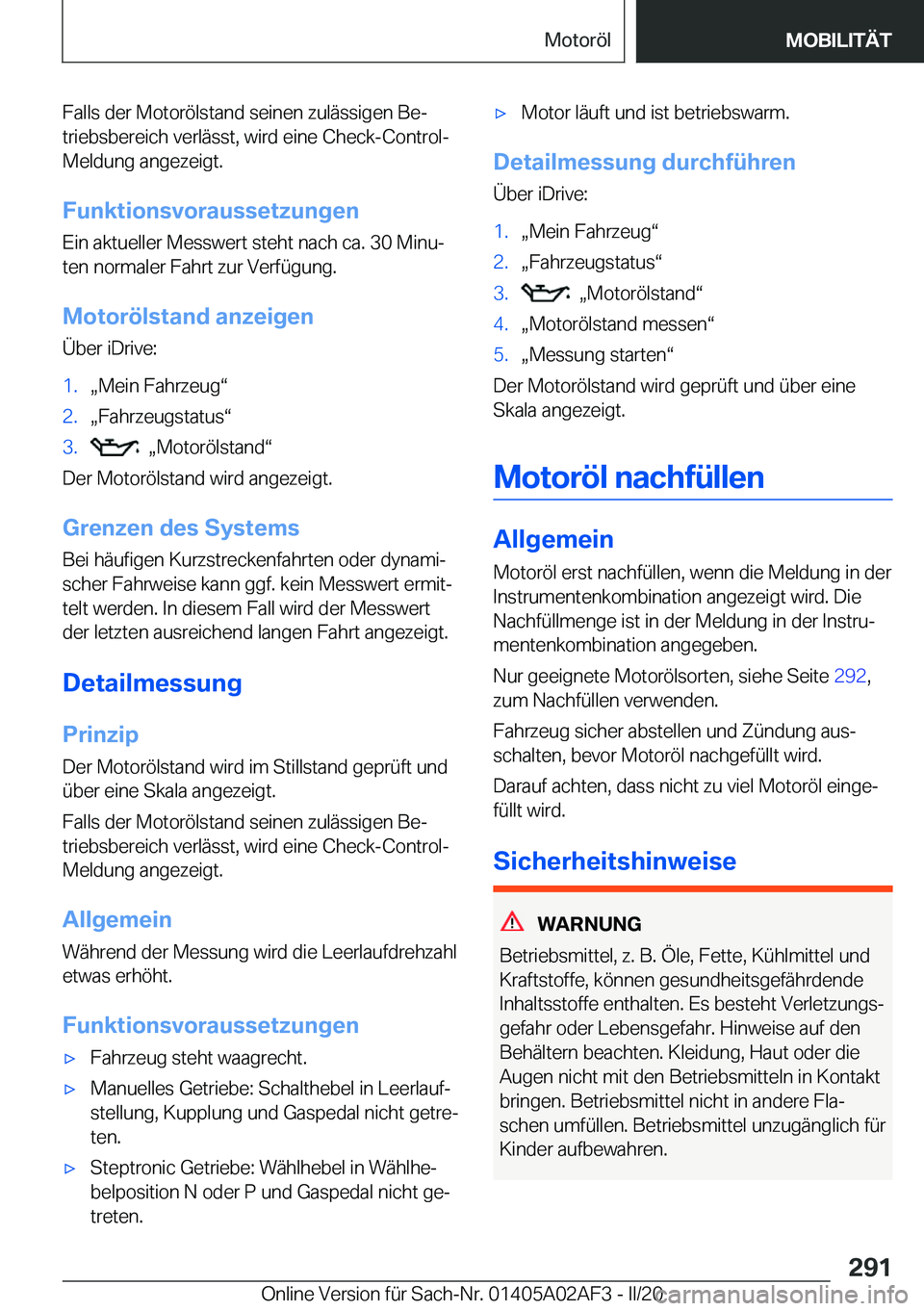 BMW X1 2020  Betriebsanleitungen (in German) �F�a�l�l�s��d�e�r��M�o�t�o�r�