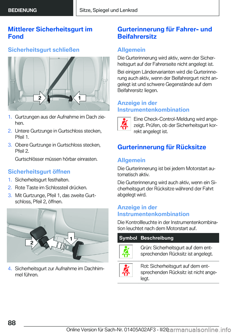 BMW X1 2020  Betriebsanleitungen (in German) �M�i�t�t�l�e�r�e�r��S�i�c�h�e�r�h�e�i�t�s�g�u�r�t��i�m
�F�o�n�d
�S�i�c�h�e�r�h�e�i�t�s�g�u�r�t��s�c�h�l�i�e�