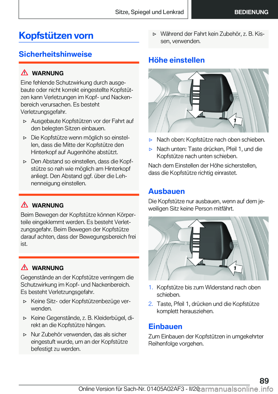 BMW X1 2020  Betriebsanleitungen (in German) �K�o�p�f�s�t�