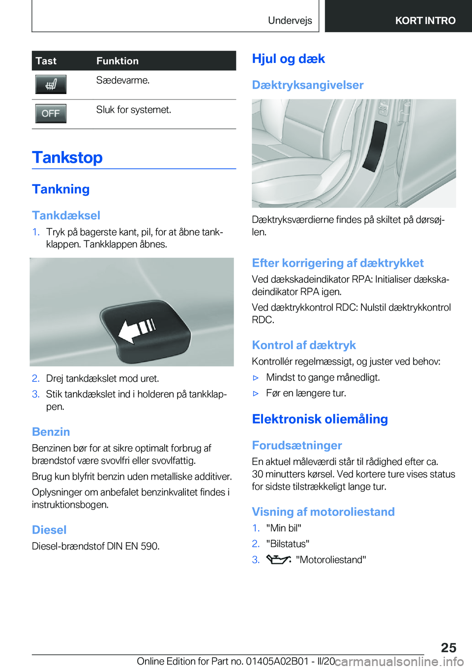 BMW X1 2020  InstruktionsbØger (in Danish) �T�a�s�t�F�u�n�k�t�i�o�n�S�æ�d�e�v�a�r�m�e�.�S�l�u�k��f�o�r��s�y�s�t�e�m�e�t�.
�T�a�n�k�s�t�o�p
�T�a�n�k�n�i�n�g
�T�a�n�k�d�æ�k�s�e�l
�1�.�T�r�y�k��p�å��b�a�g�e�r�s�t�e��k�a�n�t�,��p�i�l�,��