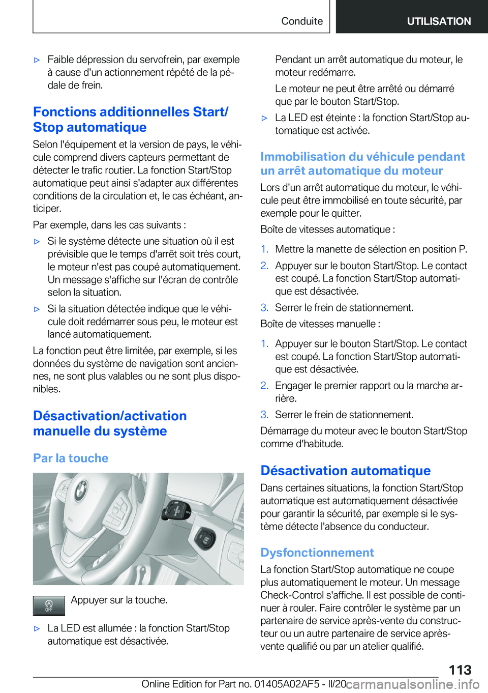 BMW X1 2020  Notices Demploi (in French) 'x�F�a�i�b�l�e��d�é�p�r�e�s�s�i�o�n��d�u��s�e�r�v�o�f�r�e�i�n�,��p�a�r��e�x�e�m�p�l�e
�