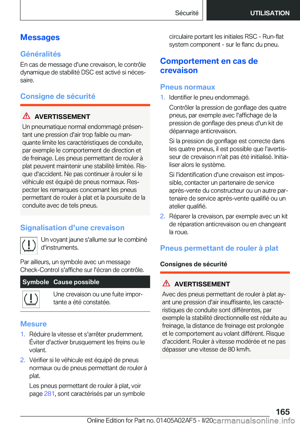 BMW X1 2020  Notices Demploi (in French) �M�e�s�s�a�g�e�s�G�é�n�é�r�a�l�i�t�é�s
�E�n��c�a�s��d�e��m�e�s�s�a�g�e��d�'�u�n�e��c�r�e�v�a�i�s�o�n�,��l�e��c�o�n�t�r�