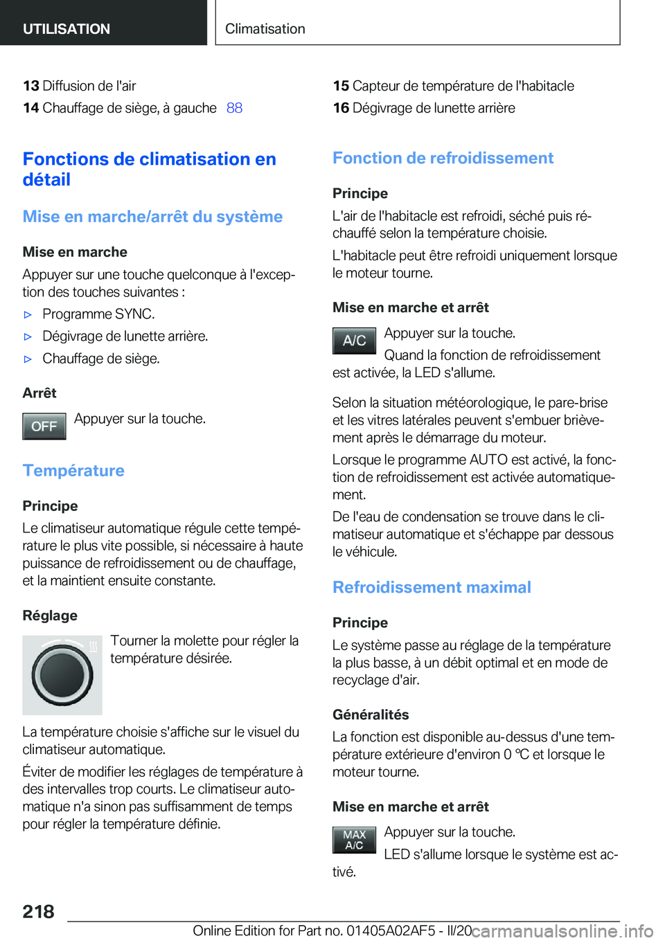 BMW X1 2020  Notices Demploi (in French) �1�3�D�i�f�f�u�s�i�o�n��d�e��l�'�a�i�r�1�4�C�h�a�u�f�f�a�g�e��d�e��s�i�è�g�e�,��