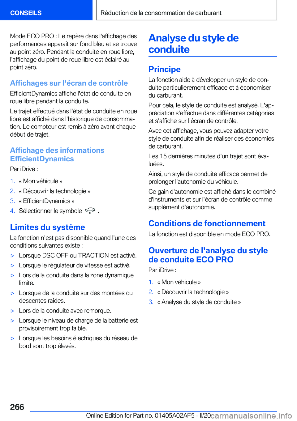 BMW X1 2020  Notices Demploi (in French) �M�o�d�e��E�C�O��P�R�O��:��L�e��r�e�p�è�r�e��d�a�n�s��l�'�a�f�f�i�c�h�a�g�e��d�e�s
�p�e�r�f�o�r�m�a�n�c�e�s��a�p�p�a�r�a�î�t��s�u�r��f�o�n�d��b�l�e�u��e�t��s�e��t�r�o�u�v�e �a�u�