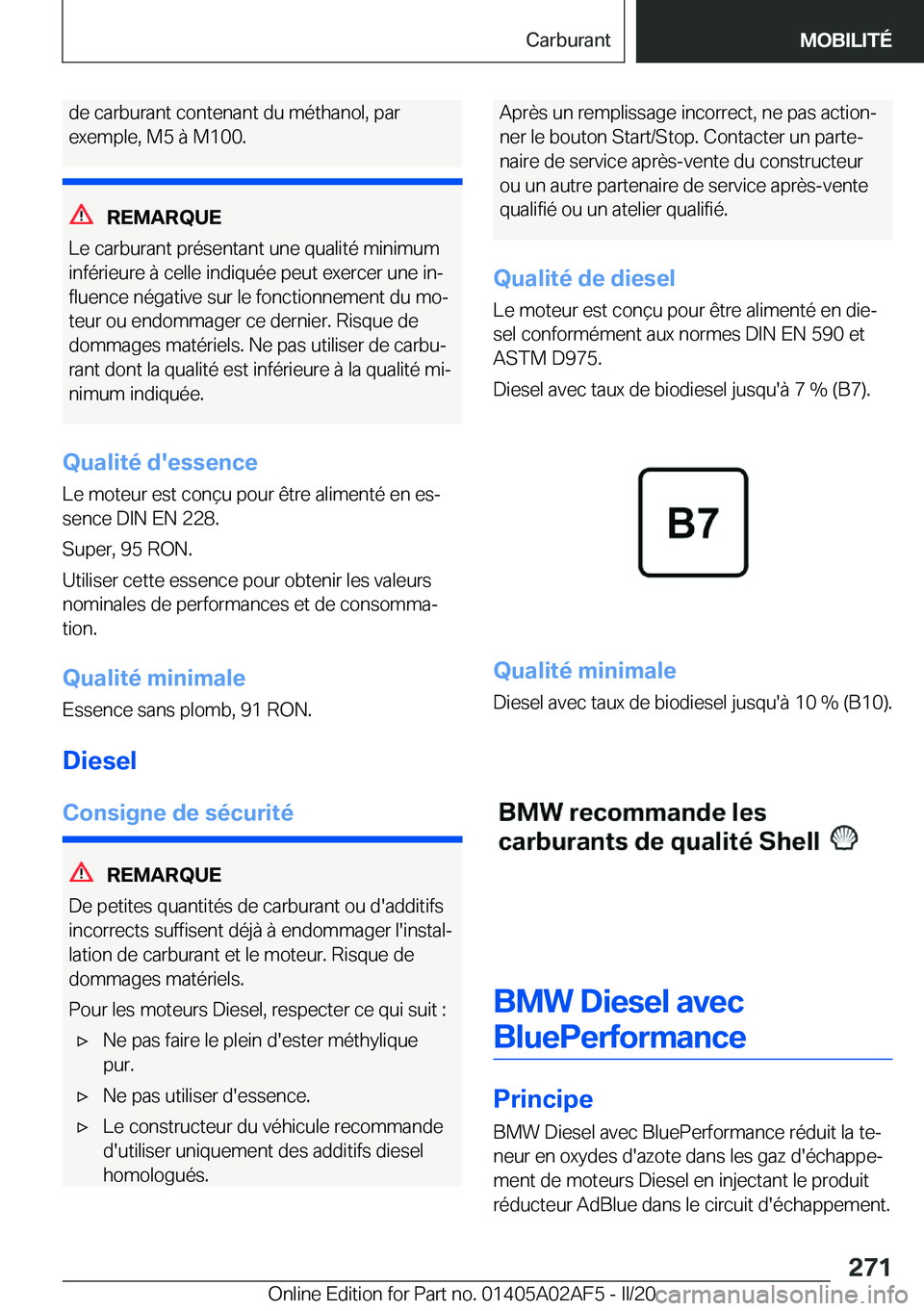 BMW X1 2020  Notices Demploi (in French) �d�e��c�a�r�b�u�r�a�n�t��c�o�n�t�e�n�a�n�t��d�u��m�é�t�h�a�n�o�l�,��p�a�r�e�x�e�m�p�l�e�,��M�5��