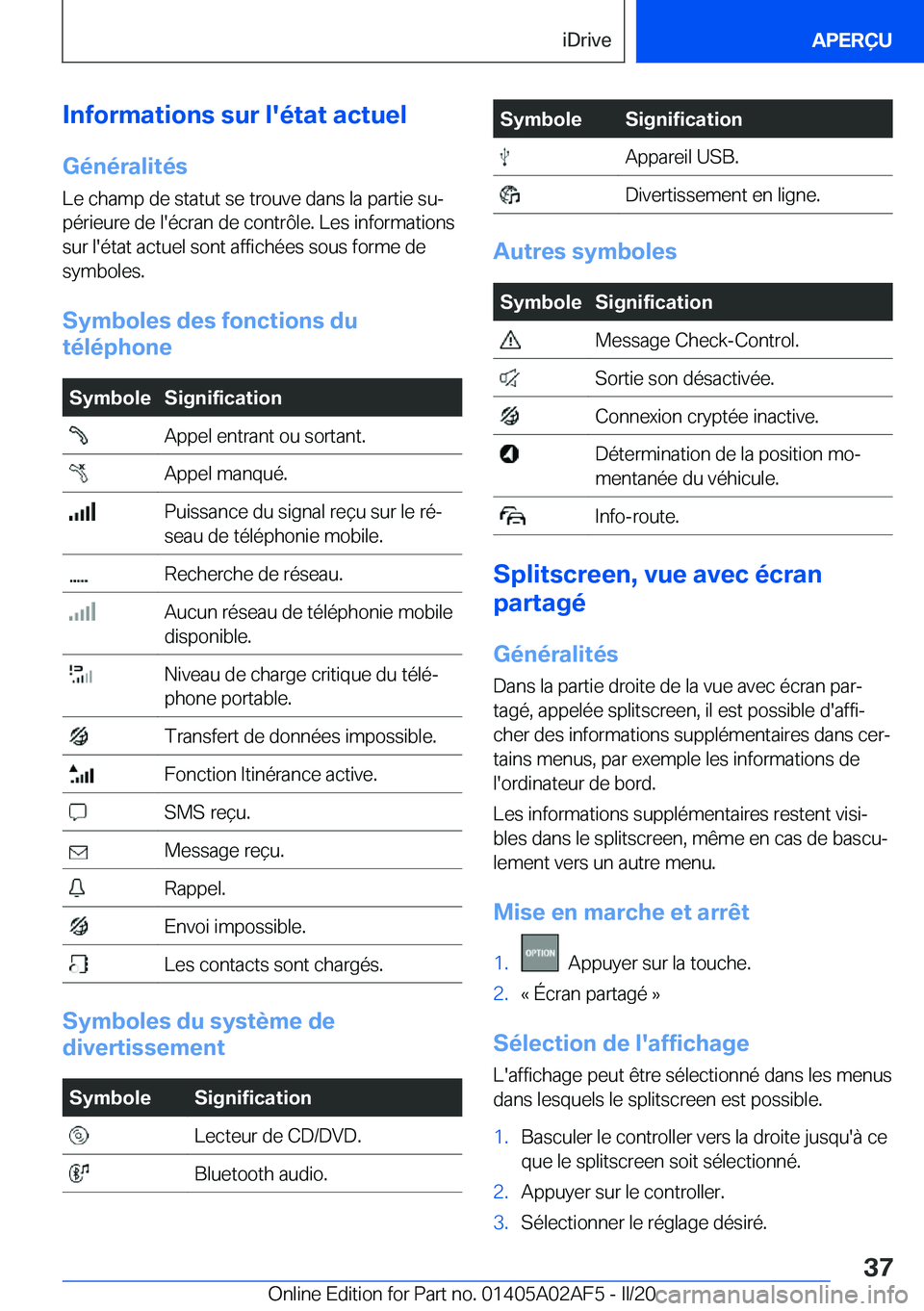 BMW X1 2020  Notices Demploi (in French) �I�n�f�o�r�m�a�t�i�o�n�s��s�u�r��l�'�é�t�a�t��a�c�t�u�e�l�G�é�n�é�r�a�l�i�t�é�s
�L�e��c�h�a�m�p��d�e��s�t�a�t�u�t��s�e��t�r�o�u�v�e��d�a�n�s��l�a��p�a�r�t�i�e��s�uj �p�é�r�i�e�u�