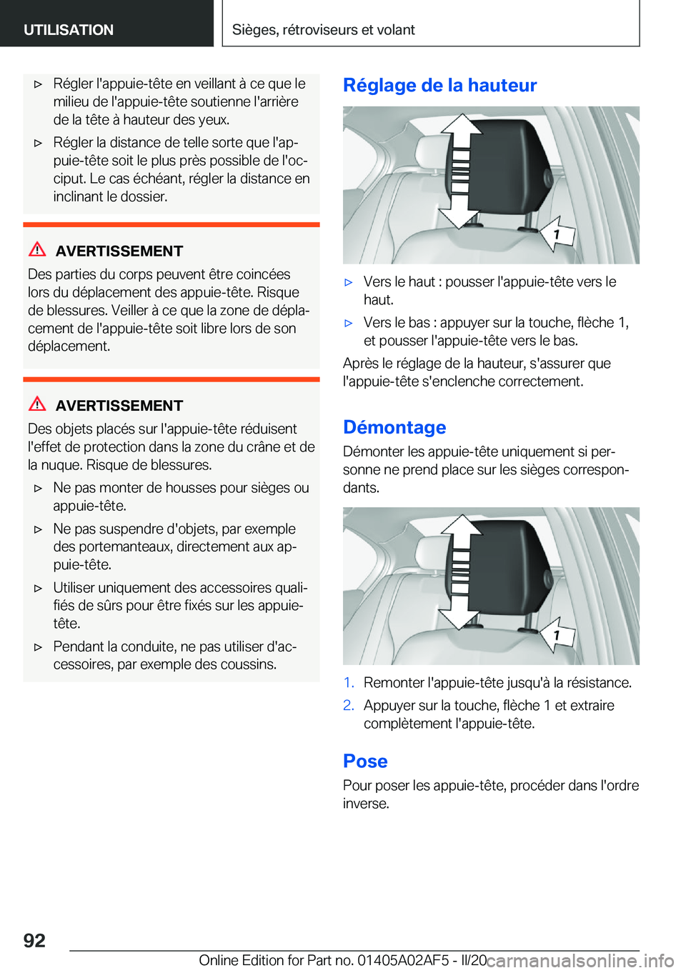 BMW X1 2020  Notices Demploi (in French) 'x�R�é�g�l�e�r��l�'�a�p�p�u�i�e�-�t�ê�t�e��e�n��v�e�i�l�l�a�n�t��
