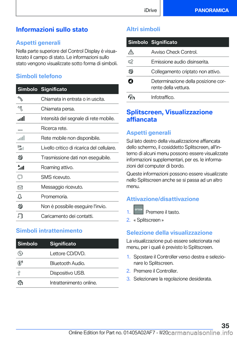 BMW X1 2020  Libretti Di Uso E manutenzione (in Italian) �I�n�f�o�r�m�a�z�i�o�n�i��s�u�l�l�o��s�t�a�t�o�A�s�p�e�t�t�i��g�e�n�e�r�a�l�i
�N�e�l�l�a��p�a�r�t�e��s�u�p�e�r�i�o�r�e��d�e�l��C�o�n�t�r�o�l��D�i�s�p�l�a�y��è��v�i�s�u�aª
�l�i�z�z�a�t�o�