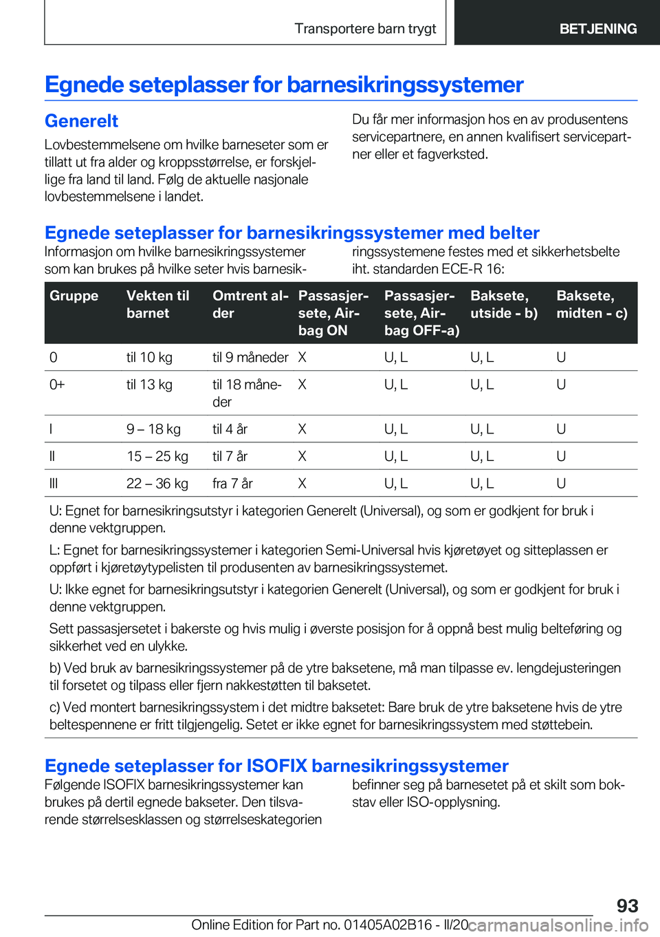 BMW X1 2020  InstruksjonsbØker (in Norwegian) �E�g�n�e�d�e��s�e�t�e�p�l�a�s�s�e�r��f�o�r��b�a�r�n�e�s�i�k�r�i�n�g�s�s�y�s�t�e�m�e�r�G�e�n�e�r�e�l�t�L�o�v�b�e�s�t�e�m�m�e�l�s�e�n�e��o�m��h�v�i�l�k�e��b�a�r�n�e�s�e�t�e�r��s�o�m��e�r�t�i�l�l
