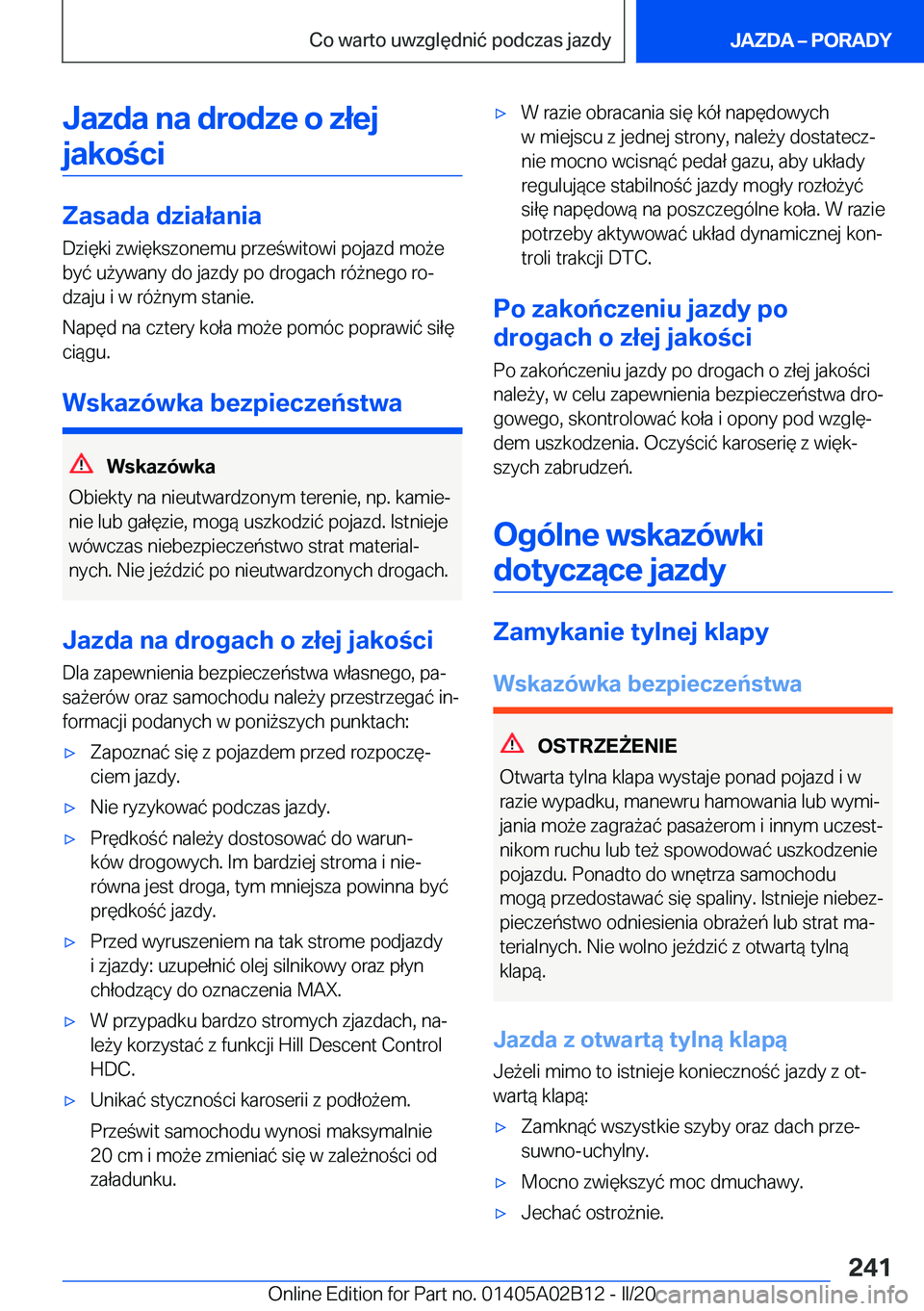 BMW X1 2020  Instrukcja obsługi (in Polish) �J�a�z�d�a��n�a��d�r�o�d�z�e��o��z�ł�e�j�j�a�k�o�c�i
�Z�a�s�a�d�a��d�z�i�a�ł�a�n�i�a
�D�z�i�