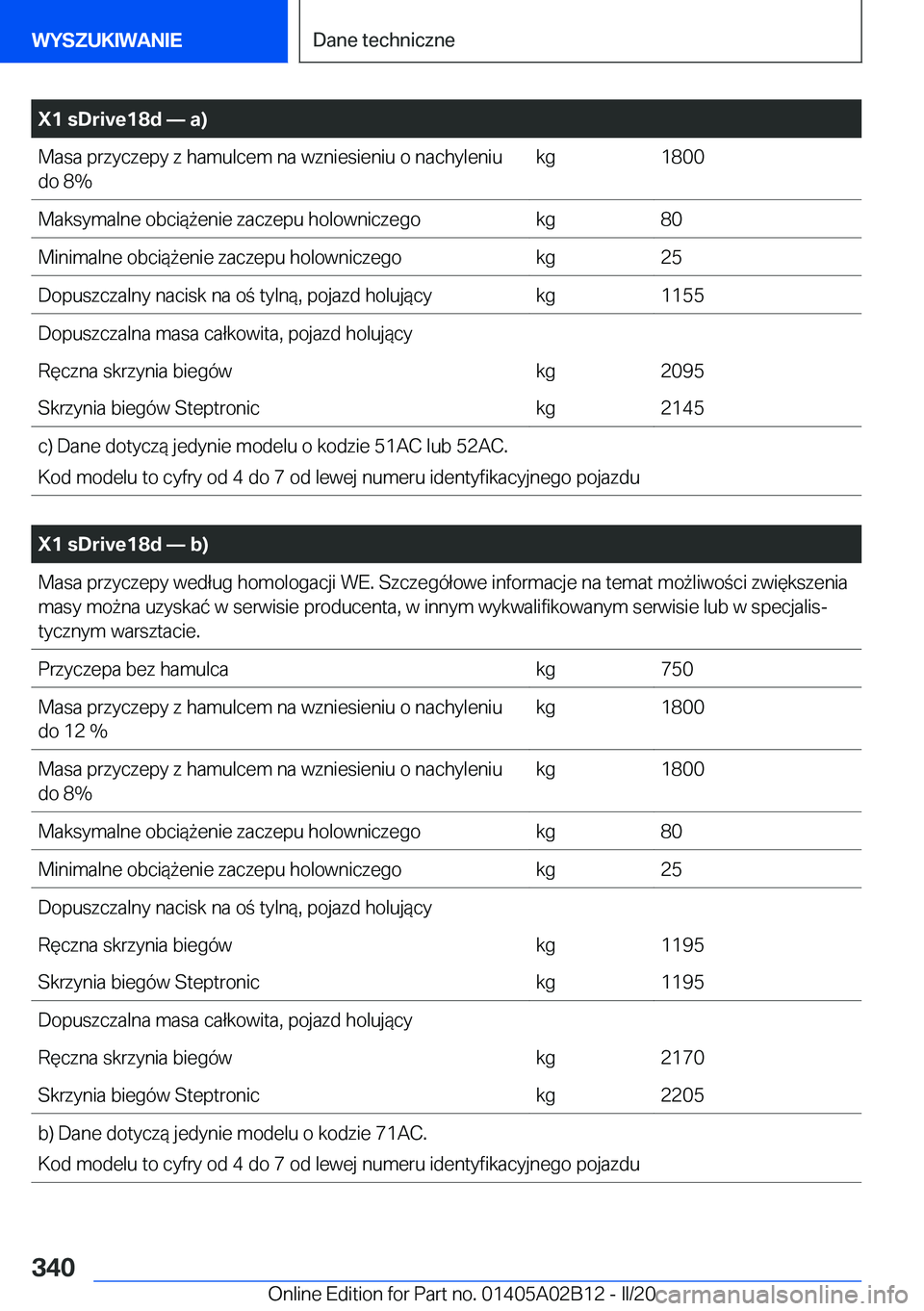 BMW X1 2020  Instrukcja obsługi (in Polish) �X�1��s�D�r�i�v�e�1�8�d�n��a�
�M�a�s�a��p�r�z�y�c�z�e�p�y��z��h�a�m�u�l�c�e�m��n�a��w�z�n�i�e�s�i�e�n�i�u��o��n�a�c�h�y�l�e�n�i�u
�d�o��8�%�k�g�1�8�0�0�M�a�k�s�y�m�a�l�n�e��o�b�c�i�