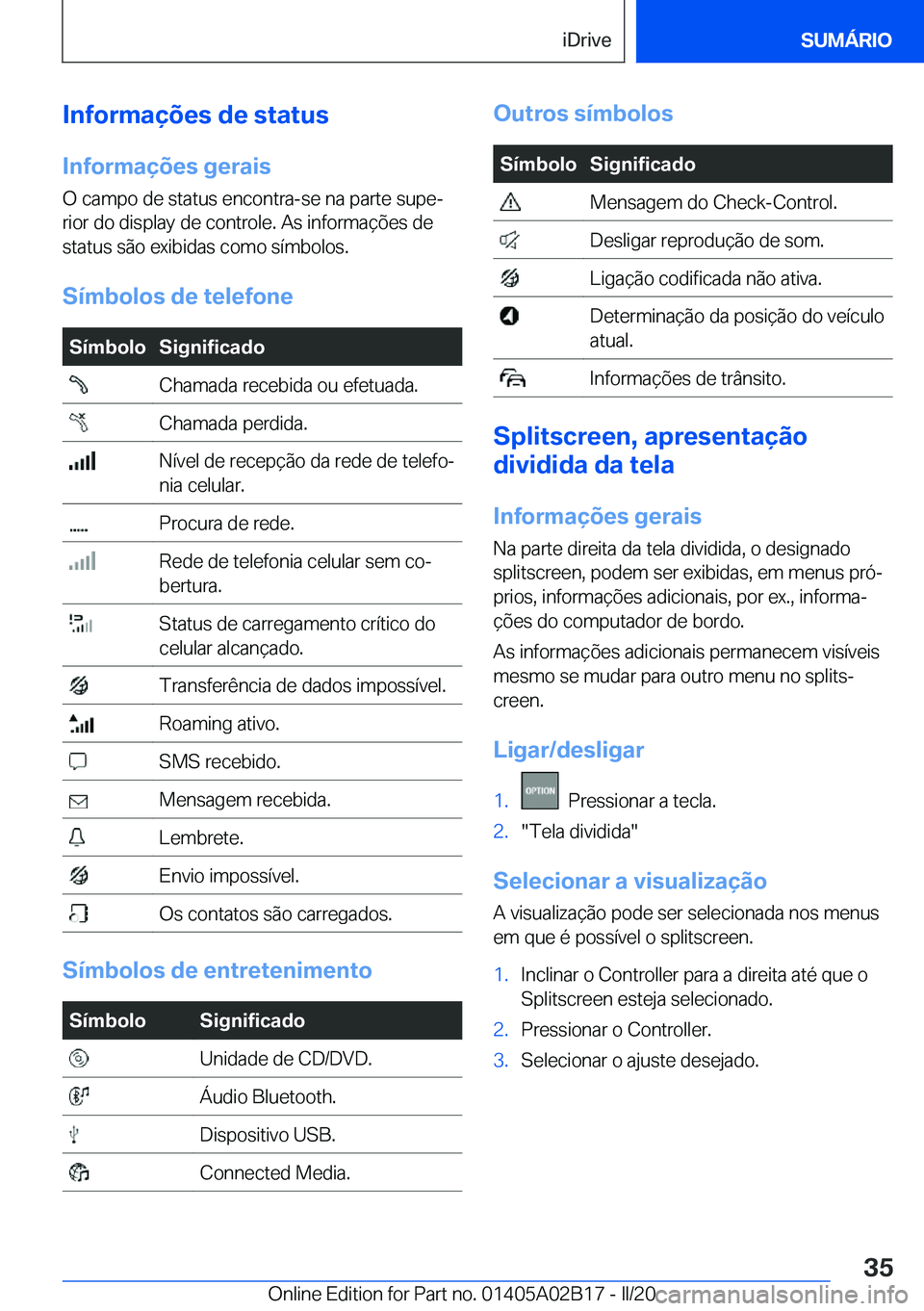 BMW X1 2020  Manual do condutor (in Portuguese) �I�n�f�o�r�m�a�