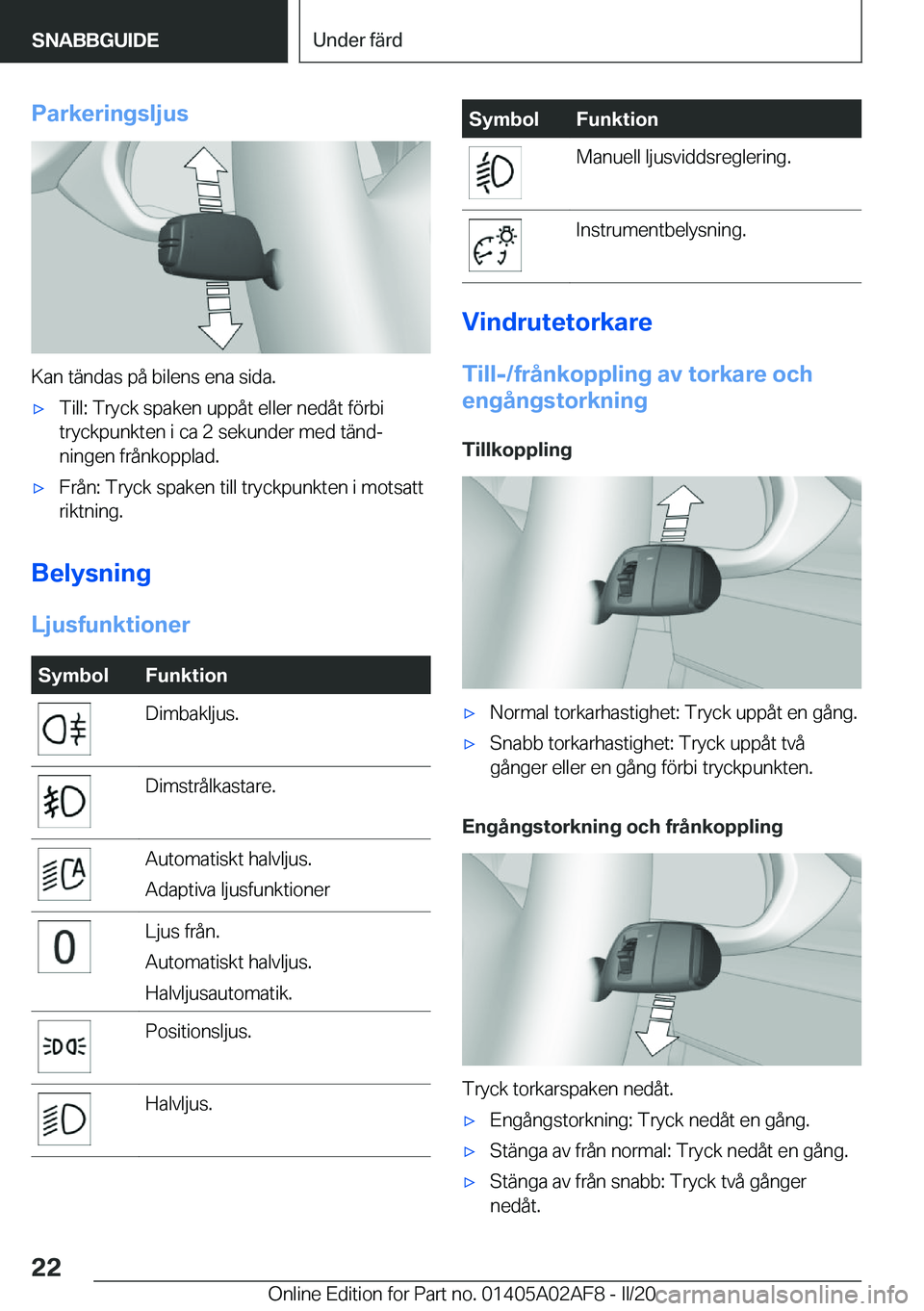BMW X1 2020  InstruktionsbÖcker (in Swedish) �P�a�r�k�e�r�i�n�g�s�l�j�u�s
�K�a�n��t�ä�n�d�a�s��p�å��b�i�l�e�n�s��e�n�a��s�i�d�a�.
x�T�i�l�l�:��T�r�y�c�k��s�p�a�k�e�n��u�p�p�å�t��e�l�l�e�r��n�e�d�å�t��f�