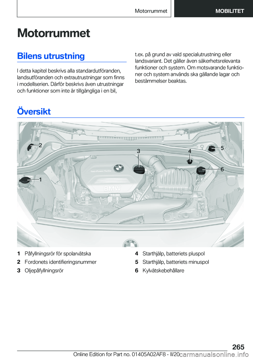 BMW X1 2020  InstruktionsbÖcker (in Swedish) �M�o�t�o�r�r�u�m�m�e�t�B�i�l�e�n�s��u�t�r�u�s�t�n�i�n�g
�I��d�e�t�t�a��k�a�p�i�t�e�l��b�e�s�k�r�i�v�s��a�l�l�a��s�t�a�n�d�a�r�d�u�t�f�