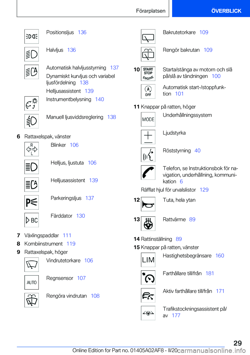 BMW X1 2020  InstruktionsbÖcker (in Swedish) �P�o�s�i�t�i�o�n�s�l�j�u�s\_�1�3�6�H�a�l�v�l�j�u�s\_�1�3�6�A�u�t�o�m�a�t�i�s�k��h�a�l�v�l�j�u�s�s�t�y�r�n�i�n�g\_ �1�3�7
�D�y�n�a�m�i�s�k�t��k�u�r�v�l�j�u�s��o�c�h��v�a�r�i�a�b�e�l
�l�j�u�s�