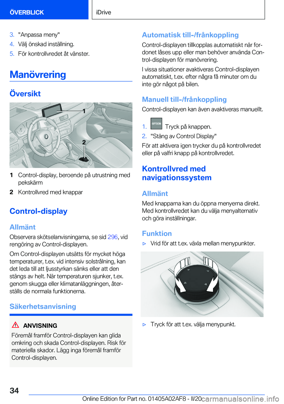 BMW X1 2020  InstruktionsbÖcker (in Swedish) �3�.��A�n�p�a�s�s�a��m�e�n�y��4�.�V�ä�l�j��