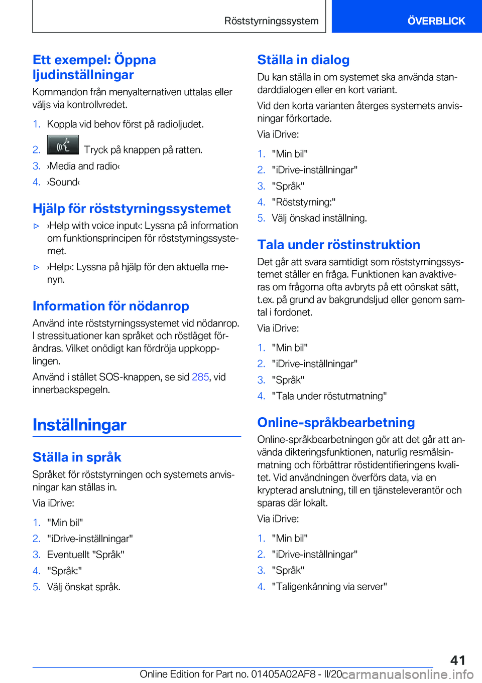 BMW X1 2020  InstruktionsbÖcker (in Swedish) �E�t�t��e�x�e�m�p�e�l�:��