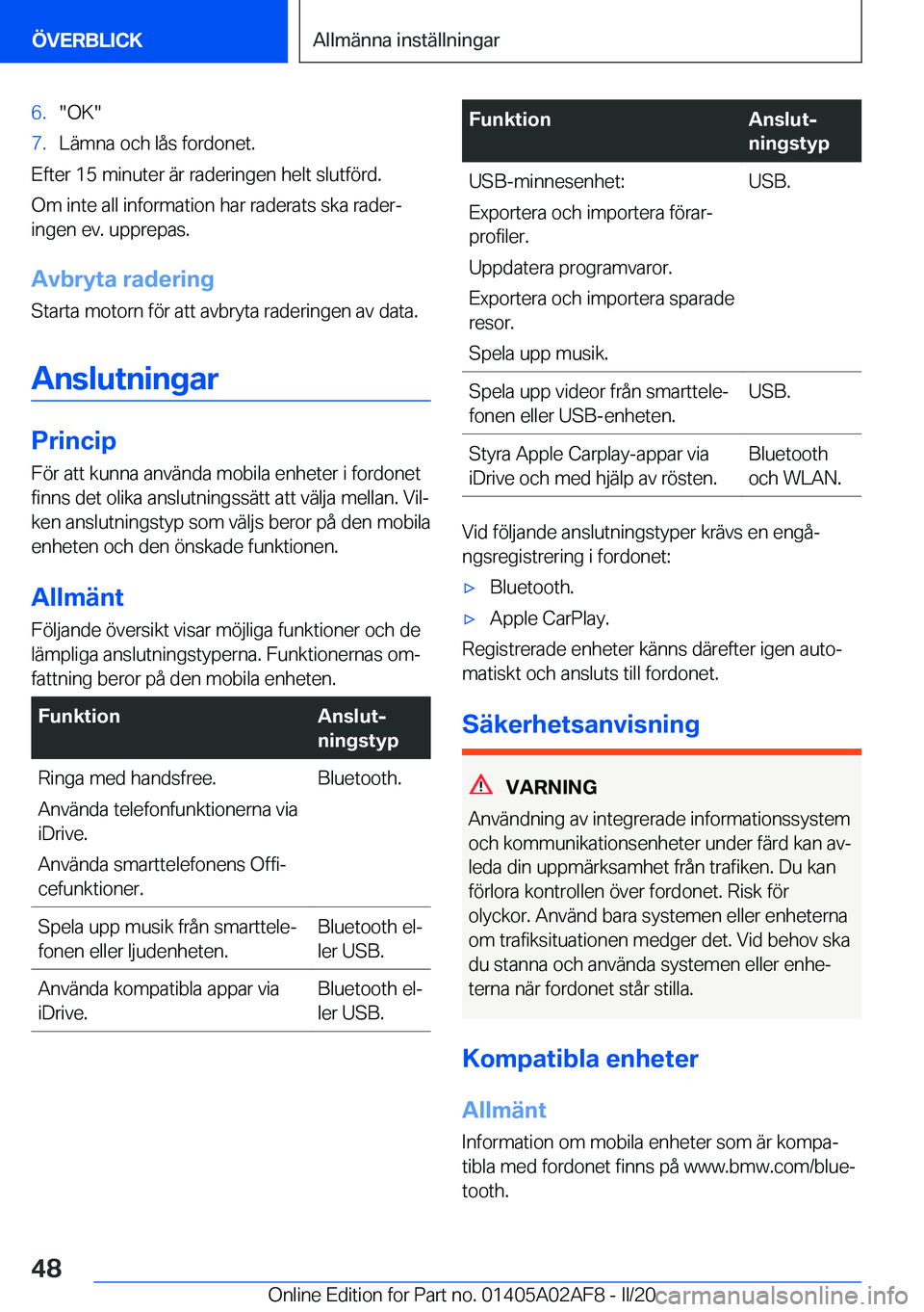 BMW X1 2020  InstruktionsbÖcker (in Swedish) �6�.��O�K��7�.�L�ä�m�n�a��o�c�h��l�å�s��f�o�r�d�o�n�e�t�.
�E�f�t�e�r��1�5��m�i�n�u�t�e�r��ä�r��r�a�d�e�r�i�n�g�e�n��h�e�l�t��s�l�u�t�f�