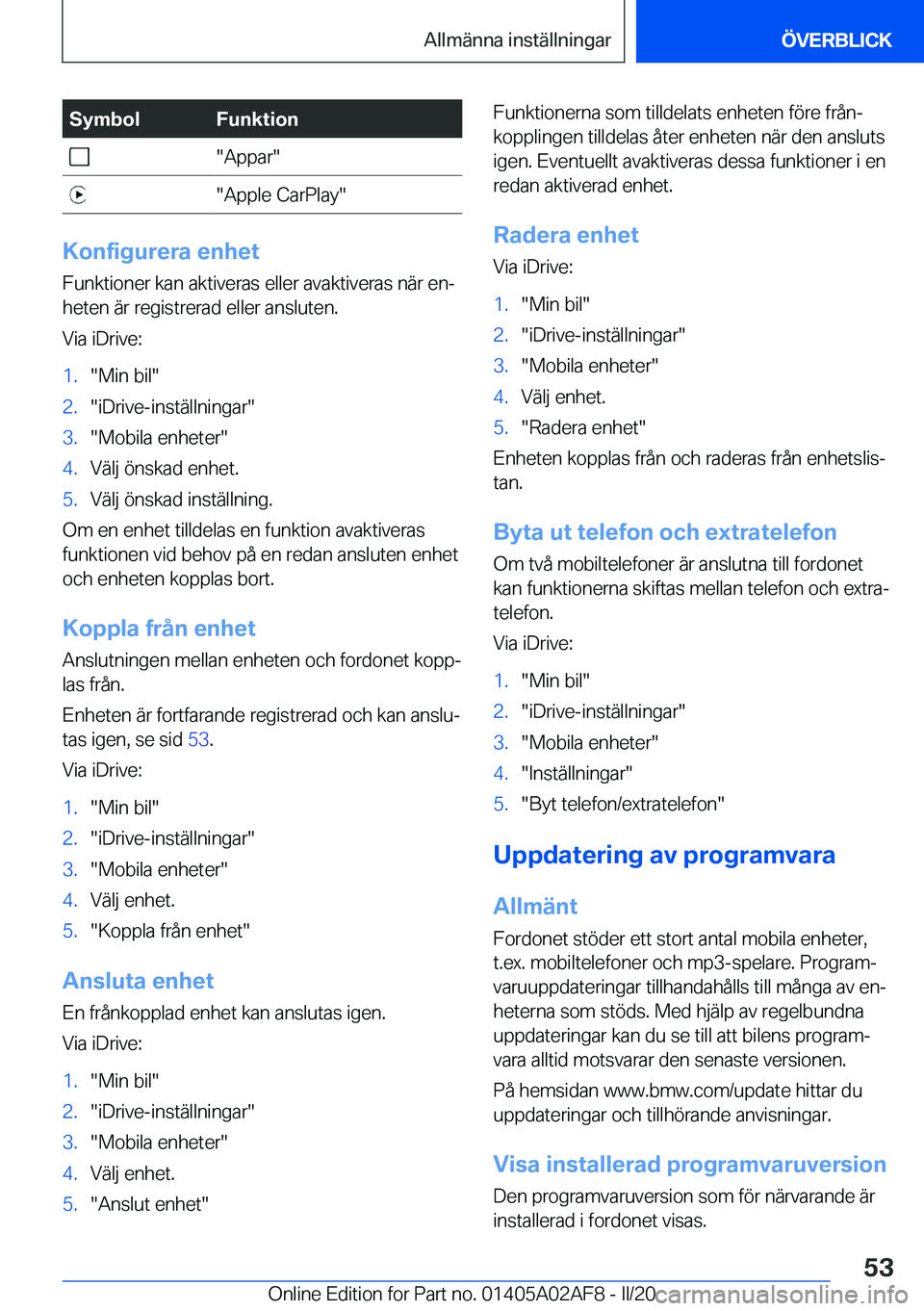 BMW X1 2020  InstruktionsbÖcker (in Swedish) �S�y�m�b�o�l�F�u�n�k�t�i�o�n���A�p�p�a�r����A�p�p�l�e��C�a�r�P�l�a�y�
�K�o�n�f�i�g�u�r�e�r�a��e�n�h�e�t
�F�u�n�k�t�i�o�n�e�r��k�a�n��a�k�t�i�v�e�r�a�s��e�l�l�e�r��a�v�a�k�t�i�v�e�r�a�s��n
