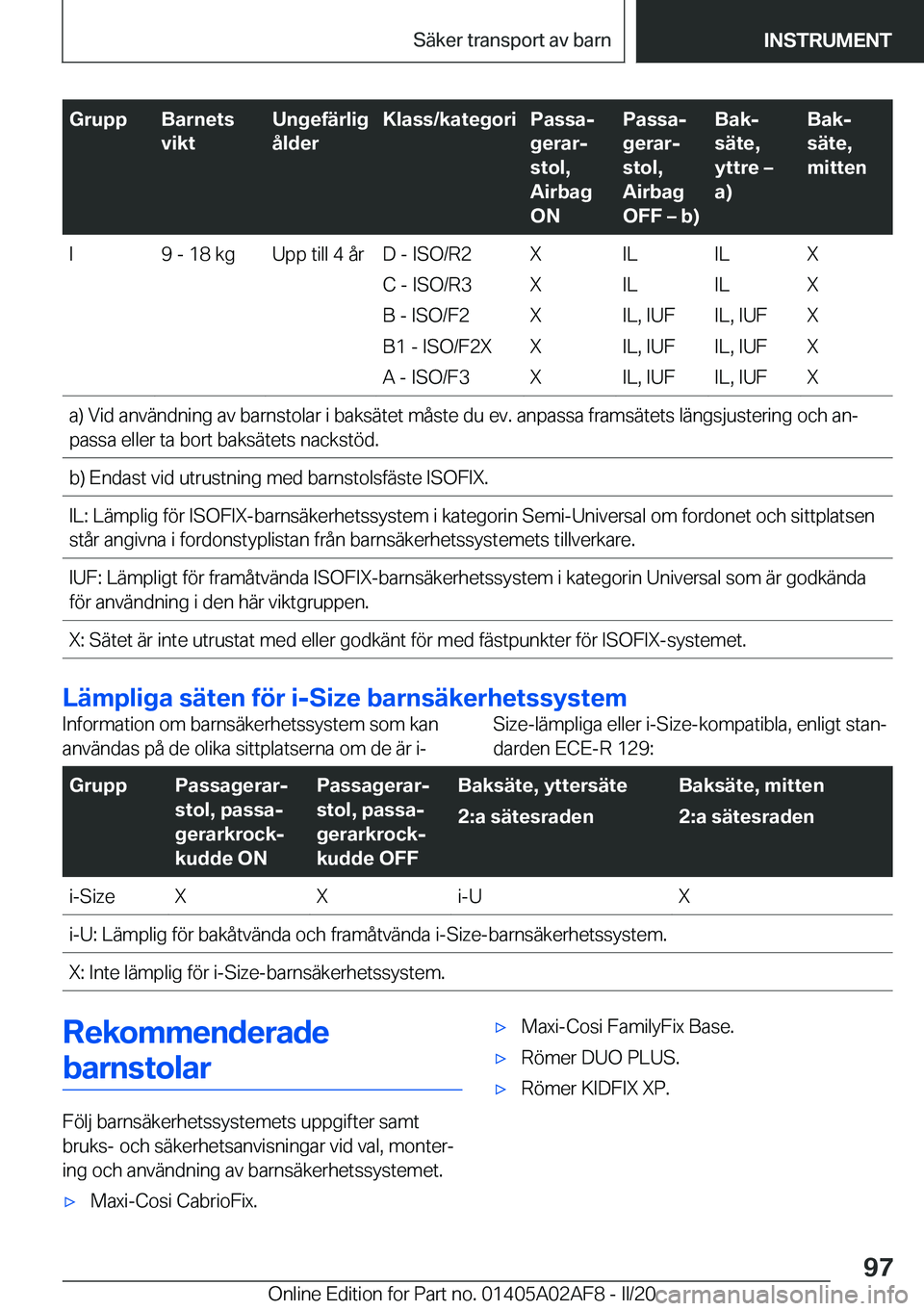 BMW X1 2020  InstruktionsbÖcker (in Swedish) �G�r�u�p�p�B�a�r�n�e�t�s
�v�i�k�t�U�n�g�e�f�ä�r�l�i�g
�å�l�d�e�r�K�l�a�s�s�/�k�a�t�e�g�o�r�i�P�a�s�s�aj
�g�e�r�a�rj
�s�t�o�l�,
�A�i�r�b�a�g
�O�N�P�a�s�s�aj
�g�e�r�a�rj
�s�t�o�l�,
�A�i�r�b�a�g
�O